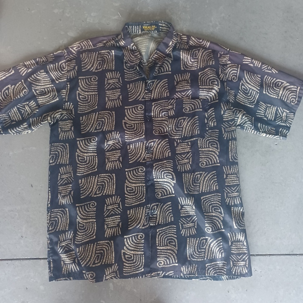 Thai Silk Vintage‎ Tribal Print Shirt Siew Chang Huat Black Gold Short Sleeve